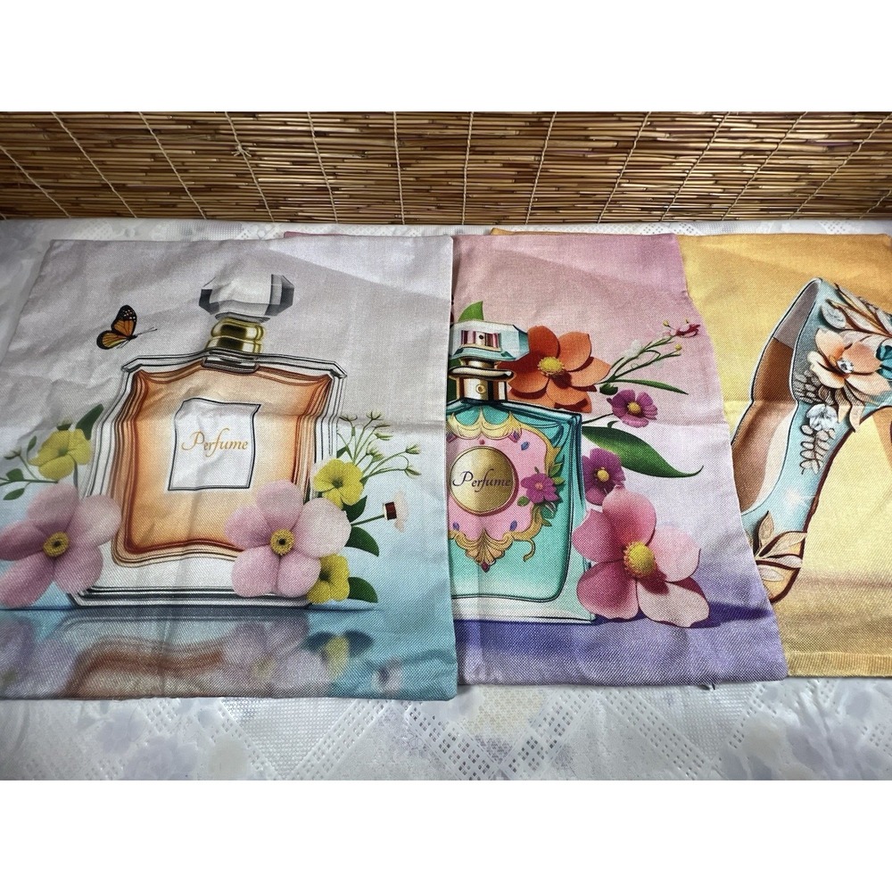 3 Fashion Pillow Covers Perfume Bottles Shabby Chic Romantic 17 Inch‎